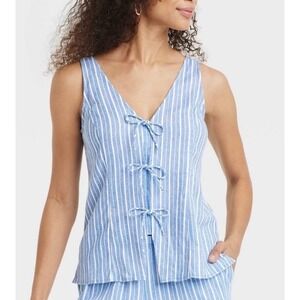 A New Day  Women's Linen Tie Front V-Neck‎ Blouse Top Blue White Striped - Large